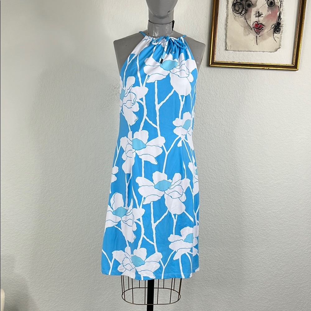 J. Mc;aughlin Floral Halter Neck Dress in Blue and White